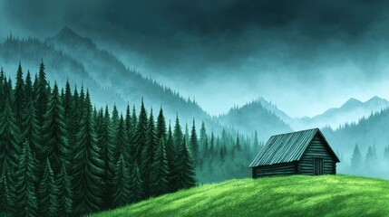 Weathered wooden hut on a green hillside in a misty forest surrounded by moody, mist-covered mountains in the distance