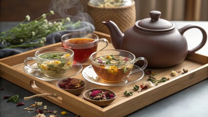 A serene still life arrangement features a wooden tray with a teapot and three glass cups filled with herbal teas, 