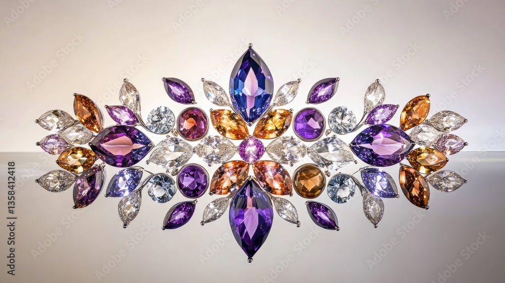 Poster a luxurious display of loose diamonds and colored gemstones arranged in a symmetrical pattern on a r