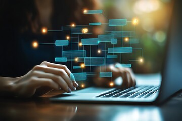 Person typing on laptop with digital data visualization overlay