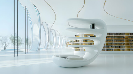 A futuristic library with a unique reading chair. The design emphasizes a clean aesthetic and offers a serene atmosphere for reading and contemplation.