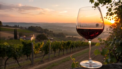 A glass of red wine stands prominently in the foreground, overlooking a picturesque vineyard at sunset.