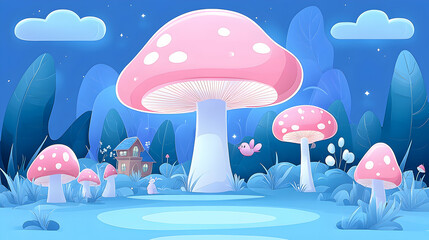 A whimsical illustration featuring large mushrooms a little house and a small bird. Great for children's books or fantasy themed art.