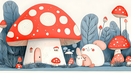 Whimsical illustration featuring a mushroom house cute characters and a colorful forest scene perfect for children's book covers or nursery decor.