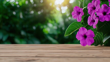 Tranquil forest setting featu a rustic wooden platform surrounded by vibrant purple flowers and lush green foliage sunlight