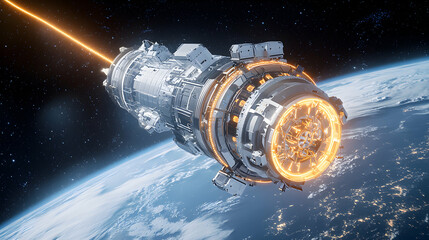 A futuristic spacecraft orbits Earth emitting a beam of energy. Suggests advanced technology for interstellar travel or defense systems. 