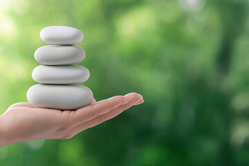 Serene garden scene with hands gently stacking smooth white stones to form a balanced cairn in a tranquil palm of peace