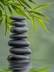 Tranquil Zen Garden with Smooth Dark Stones Reflected in Calm Water Beneath a Graceful Bamboo Branch and Serenity Elements