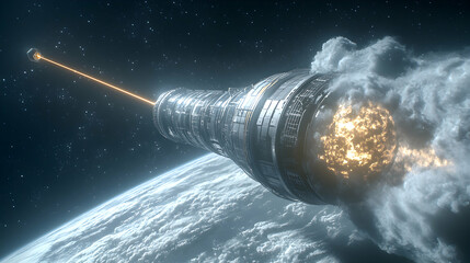 A futuristic spaceship is blasting off with a bright fiery explosion creating clouds of vapor near a planet. A satellite is connected to the ship. Great for space themed projects.