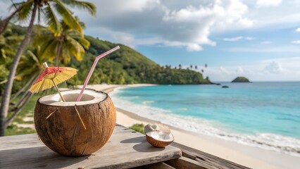 A tropical paradise scene featuring a coconut drink with a straw and a small umbrella on a wooden surface.
