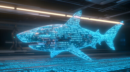 A digital shark composed of binary code swims in a futuristic tech environment. This image symbolizes data security and cybersecurity threats. It suggests potential use in tech and cyber-related prese