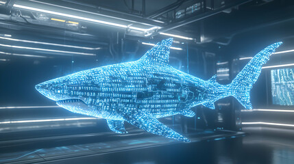 A digital whale shark made of binary code floats in a futuristic tech environment suggesting data analysis and cyber security The image could be used for educational presentations or scientific visual