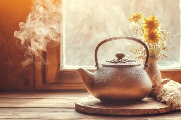 Morning Light Illuminating a Steaming Cast Iron Teapot on Rustic Wood Next to a Charming Vase of Dried Flowers and Foliage