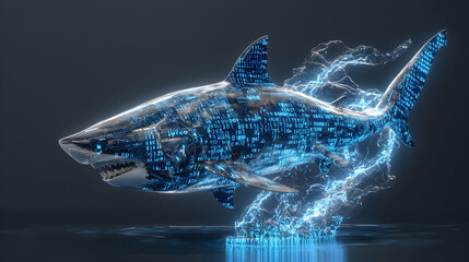 A cybernetic shark composed of binary code and electrical energy. Great for tech or data visualization representing threat or innovation. 