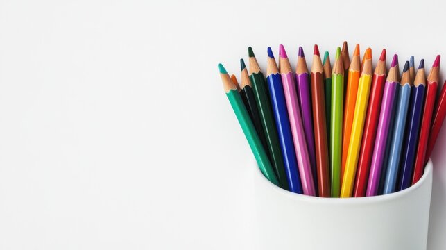 Vibrant Colored Pencils in White Cup on Minimalist Background