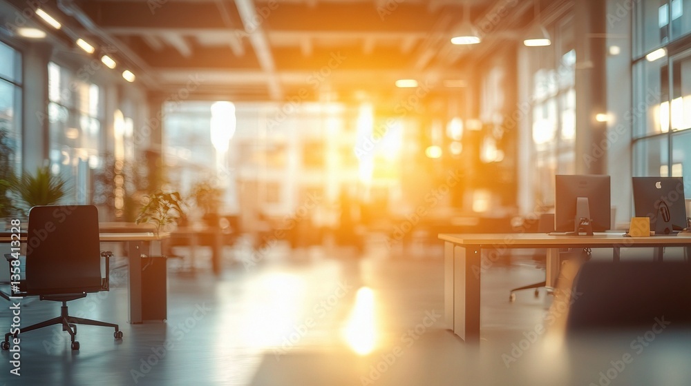 Poster blurred open space office with soft bokeh light in daylight