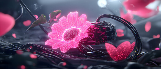 A digital artwork blending a glowing flower with a technological cube amidst falling pink petals. Perfect for futuristic romance themed projects.