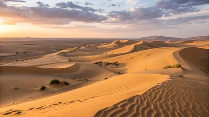 A breathtaking landscape view of a vast desert at sunset.