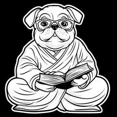 Serene Pug in Glasses and Robe Meditates with an Open Book in a Whical Representation of Zen Meditation Guru Calmness