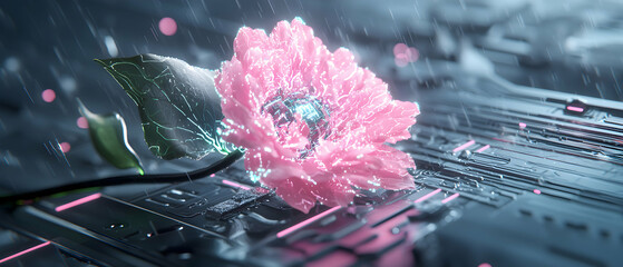 A futuristic flower blossoms on a tech-infused surface. Its petals glow with neon light. Perfect for cyberpunk art or sci-fi themed designs.