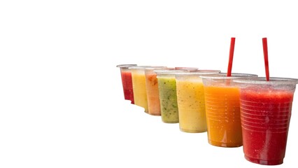 A row of clear plastic cups filled with a variety of colorful fruit smoothies and juices, each with a red straw