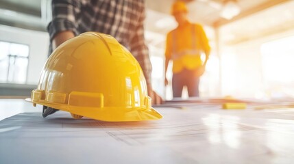 A worker reviewing project plans with a colleague in a bright office.