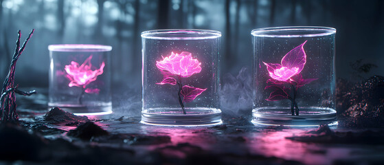 Glowing pink flowers encased in glass jars in a mysterious forest. Perfect for fantasy art projects or digital illustrations. 