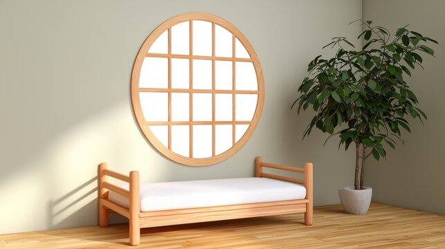 Chic minimalist 1 BHK flat showcasing sleek lines and a circular wooden window with a light wood platform bed and white decor