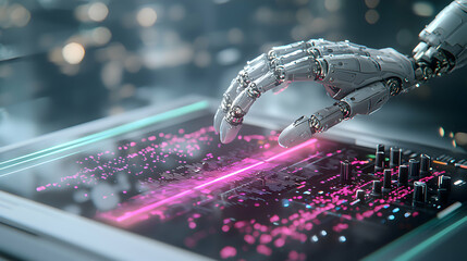 A robotic hand interacts with digital data on a circuit board representing artificial intelligence. Ideal for AI development presentations and tech-related projects.