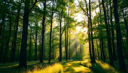 Obraz premium Forest trees sunlight landscape nature woods green environment peaceful scenic outdoor tranquil scene