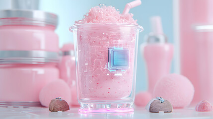 This image depicts a futuristic pink milkshake. Perfect for a tech-themed cafe or creative marketing campaign promoting innovative products with a touch of sweetness.