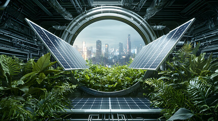 Futuristic scene showing a blend of nature and technology. Solar panels and plants frame a city view suggesting sustainable energy and urban ecology integration.