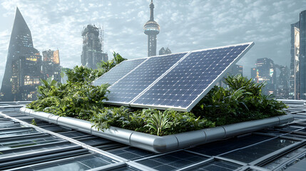 A futuristic cityscape features solar panels integrated with lush greenery. This suggests sustainable urban development with ecological harmony.