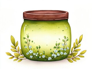 Elegant green matcha tea tin illustrated in watercolor with brown lid and floral accents framed by golden-green leaves design