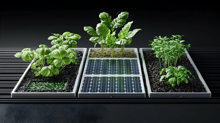A modular system integrates plants and solar panels for sustainable energy and food production in urban environments or homes. Ideal for self-sufficiency.