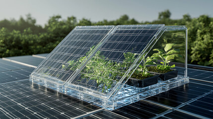 Sustainable farming concept using solar panels and transparent greenhouses. Integrates renewable energy with crop cultivation for eco-friendly agriculture. Smart and green innovation.