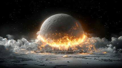 A celestial explosion engulfs a futuristic city. The image evokes destruction disaster and an apocalyptic atmosphere. Use it to depict sci-fi disaster concepts or apocalyptic scenes