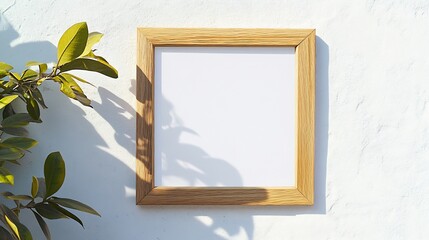 Simple wooden frame hanging on a white wall with no content perfect for custom artwork or business branding