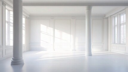 Fototapeta premium Bright White Office Corner with Columns and Natural Light