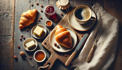 Rustic Flat Lay Breakfast – Coffee & Croissants