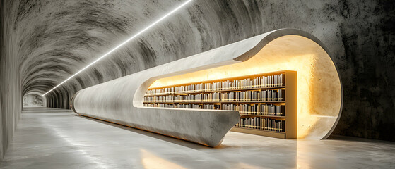 An intriguing architectural library design. It suggests an underground structure with books. This design is suitable for libraries or modern reading spaces.