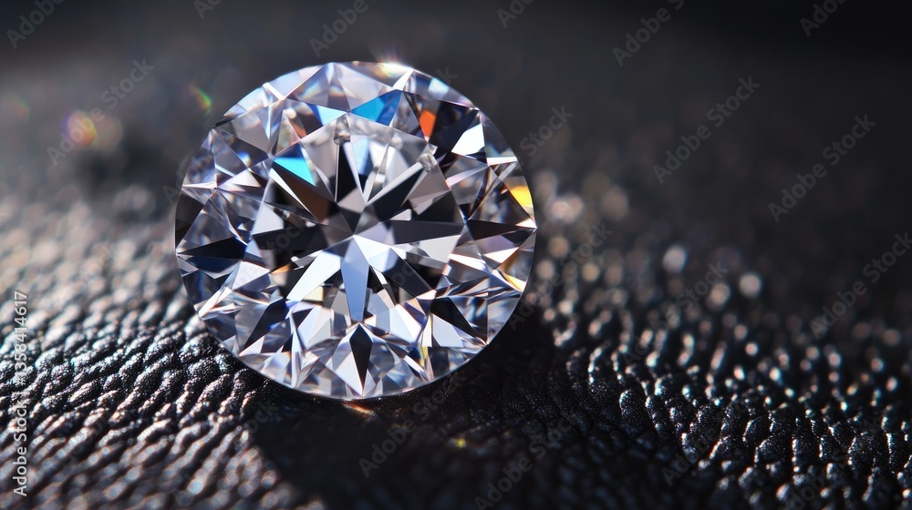 Poster a macro shot of a flawless round diamond, capturing intricate facets and mesmerizing light refractio