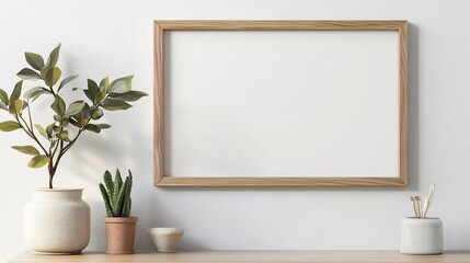 Simple wooden frame on a blank white wall offering space for a creative business or artistic message