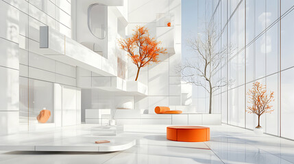 A minimalist interior design with white walls and orange accents. Great for modern architecture visualization or a contemporary home design concept.