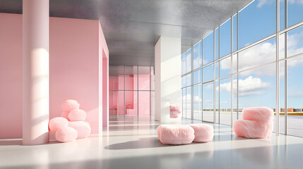 Modern minimalist interior with pink walls plush furniture and large windows. Ideal for a relaxing living space or creative office.