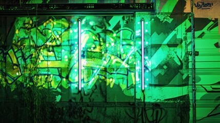 Glowing neon lights illuminate vibrant graffiti art on a wall at night.