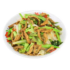 Bird's eye view delicious asian stir-fry in a bright kitchen