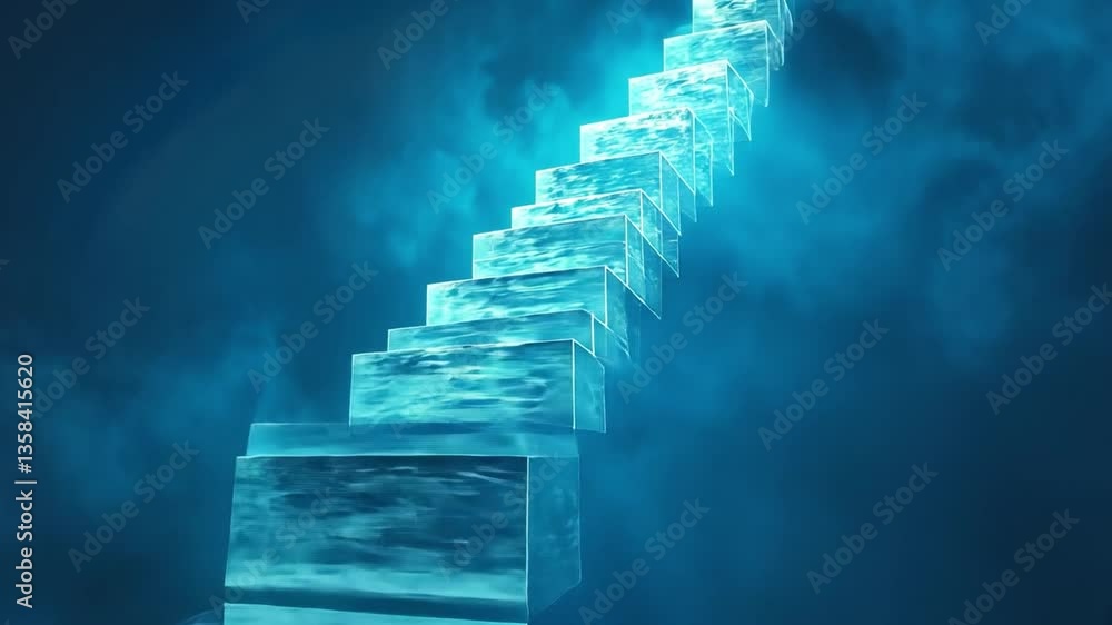 Poster ethereal staircase of translucent, glowing blocks ascends into misty blue atmosphere, creating surre