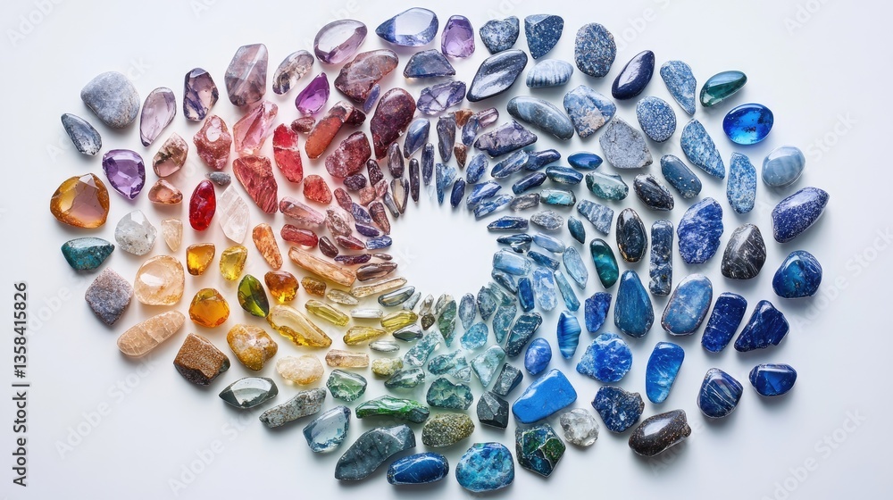 Poster a mesmerizing composition of loose gemstones arranged in a circular rainbow pattern.