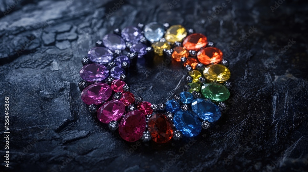 Aufkleber a mesmerizing composition of loose gemstones arranged in a circular rainbow pattern.